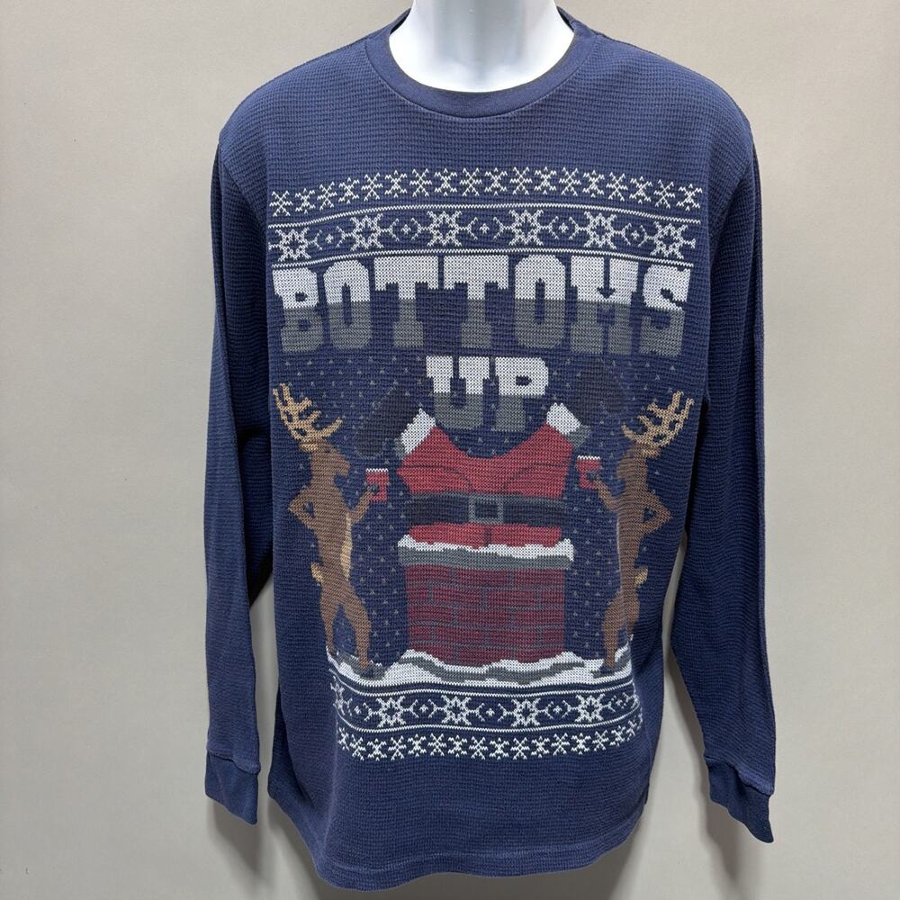 Bottoms Up Mens Large Ugly Christmas Party Blue Long Sleeve Shirt Santa Reindeer